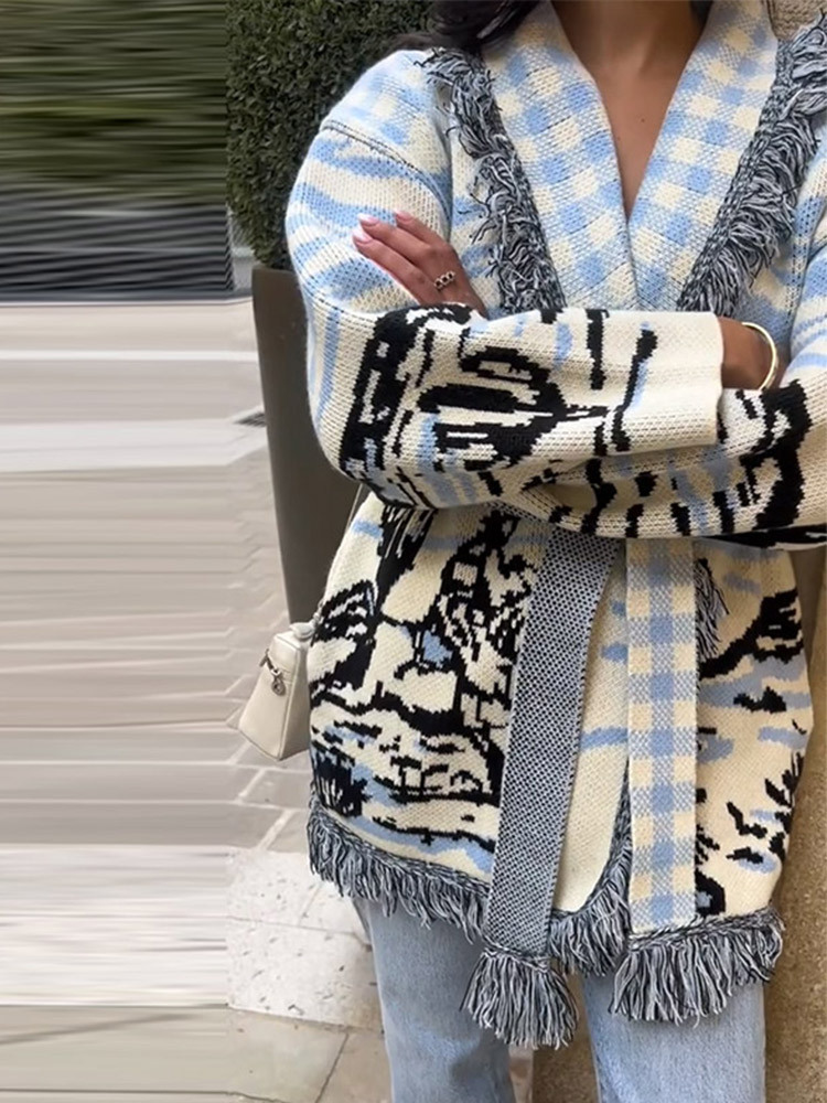 Cardigan en tricot imprimé à f - Tassel Fringe Trim avis et prix